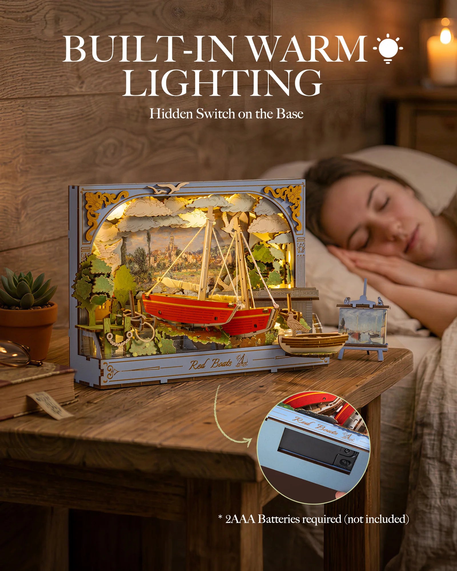 Rolife Red Boats Wooden 3D Puzzle 219 PCS DIY Wall Art Building Model Kit with LED Light for Home Decor Desktop Decor Wall Decor Gift for Adults Kids Friends
