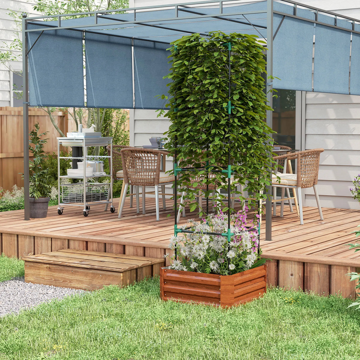 Galvanised Raised Garden Bed with Tomato Cage, Open Bottom, Brown