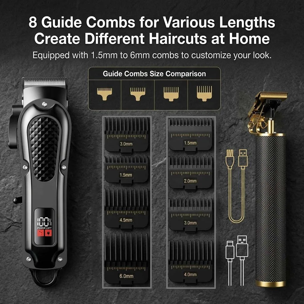 Professional 3-in-1 Electric Hair Clipper Set with LED Display, USB Rechargeable Cordless Trimmer for Men, Beard & Head Shaver Kit with Multiple Guide Combs
