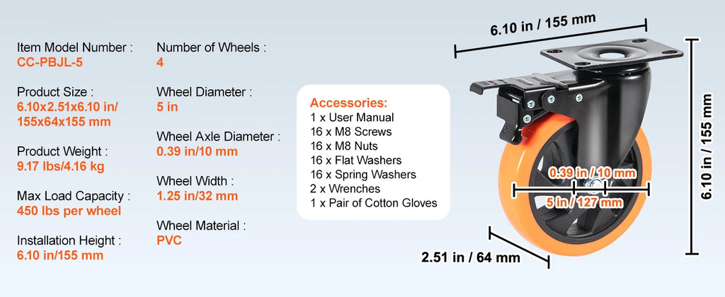 SucceBuy 2/3/4/5/6-inch Swivel Plate Casters Set of 4 with Security Dual Locking PVC Caster Wheels for Cart Furniture Workbench