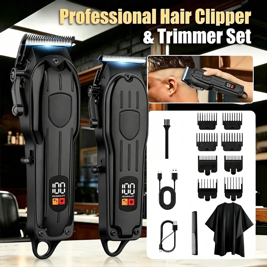 Professional Hair Clipper and Trimmer Set Rechargeable Electric Haircut Machine with LCD Display Barber Shears Grooming Kit for Men,Holiday Gift For Men