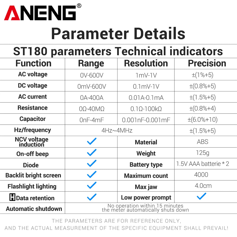 ANENG ST180 Digital Clamp Meter 4000 Counts Multimeter AC Current NCV Capacitance Resistance Frequency Tester Measurement Tool