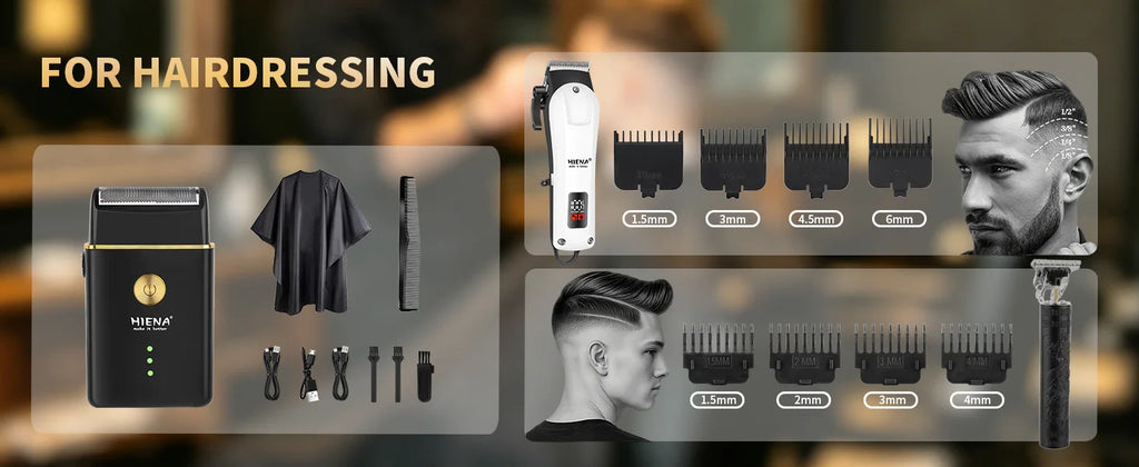 HIENA Professional Barber Kit Electric Hair Clipper Beard Shaver Detail Trimmer Cordless Rechargeable Titanium Blades for Home