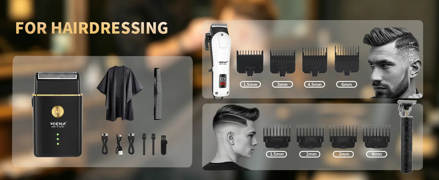 HIENA Professional Barber Kit Electric Hair Clipper Beard Shaver Detail Trimmer Cordless Rechargeable Titanium Blades for Home