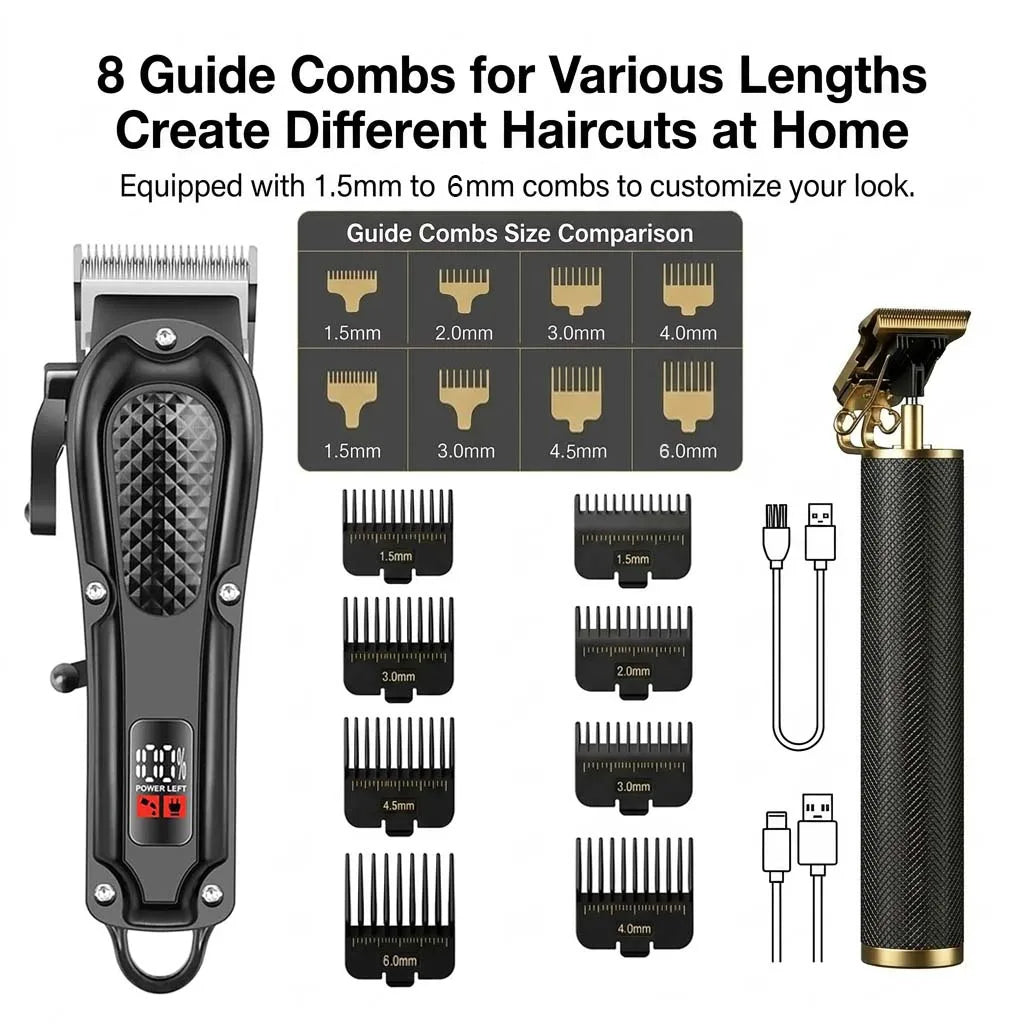 Professional 3-in-1 Electric Hair Clipper Set with LED Display, USB Rechargeable Cordless Trimmer for Men, Beard & Head Shaver Kit with Multiple Guide Combs
