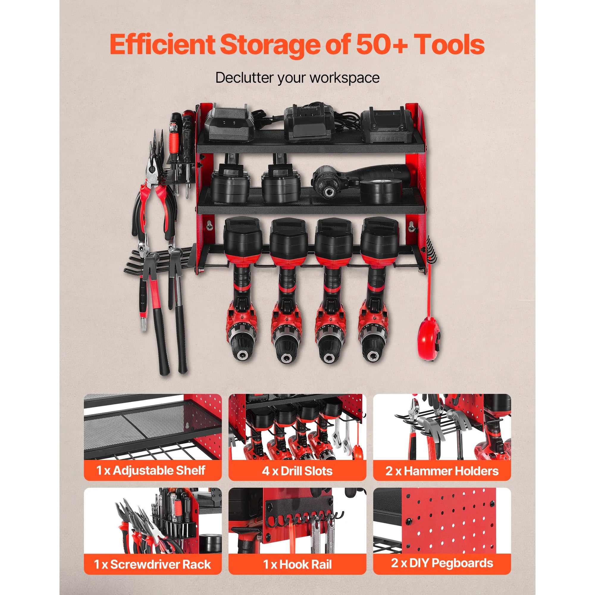 SucceBuy 3-Layer Power Tool Wall Mount Holder Pegboard Wall Storage Tool Set Drill Screwdriver Storage Rack for Workshop/Garage