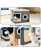4-Season Multi-Level Cat House: Foldable Indoor Play Cube with 2-Layer Bed, Toy Tunnel, Scratching Board, Climbing Rope, Soft Cushions, and Non-Slip Base - Perfect Cat Cave & Warm Bed for Small to Large Cats (Grey）