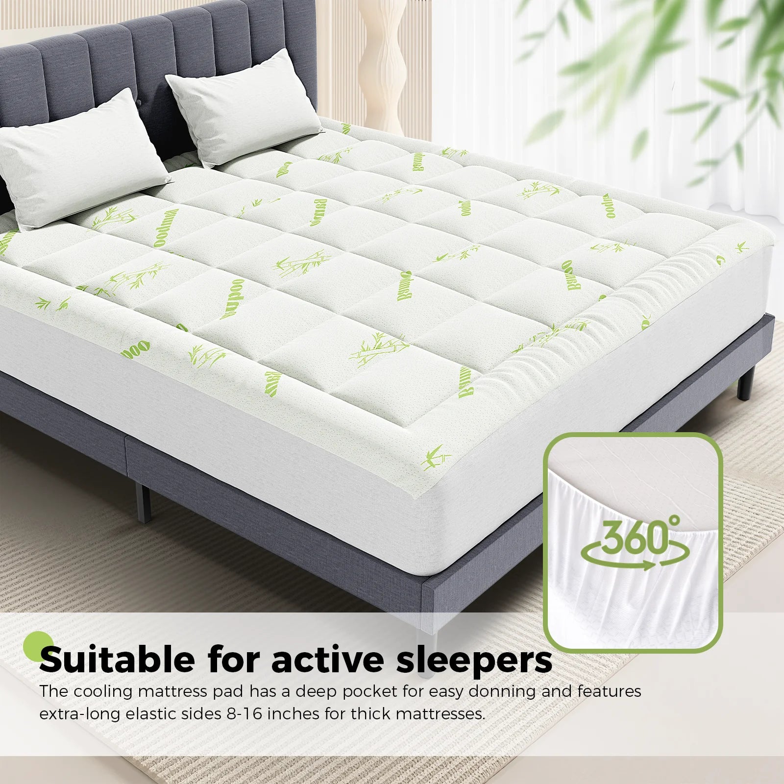 JHK Bamboo Fiber Soft Mattress Topper with Deep Pockets 400g Thick Mattress for Back Pain Relief Breathable Cooling Material