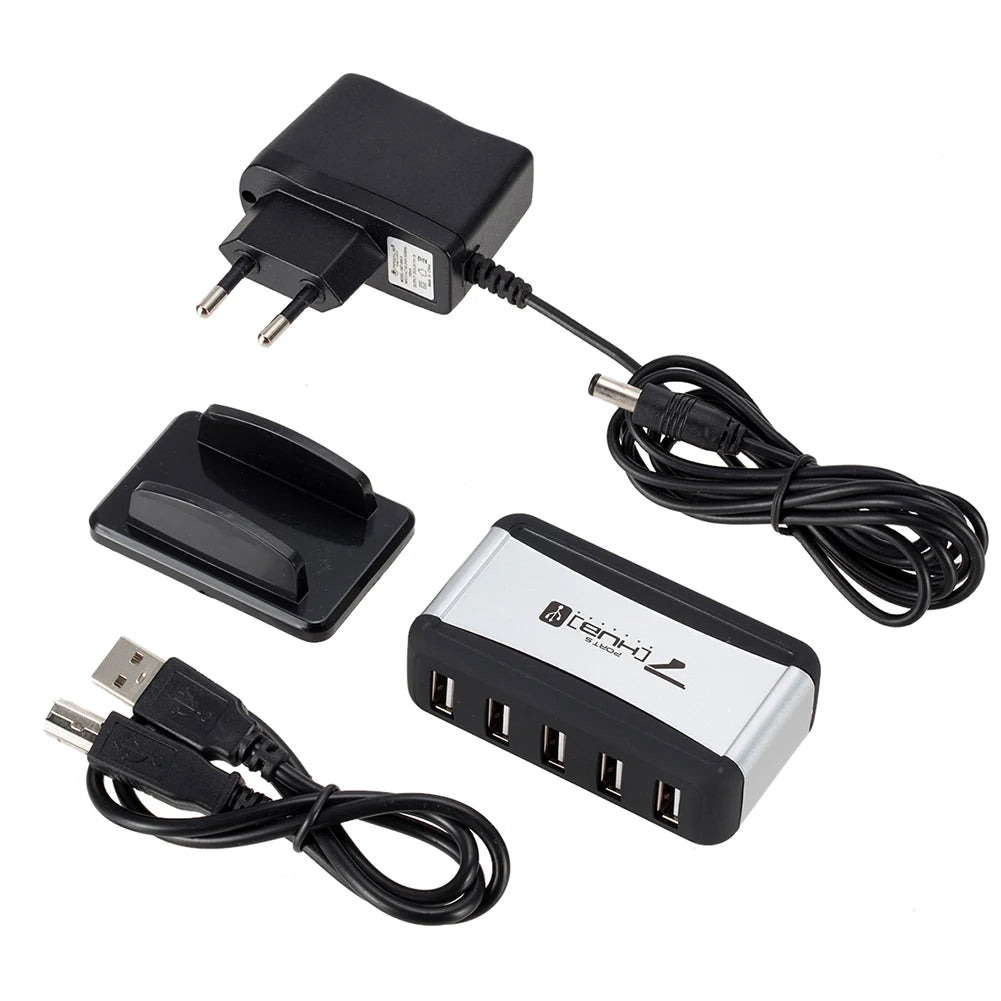 EU/US Plug USB Hub 7 Ports Splitter USB 2.0 Plug and Play Support 1.5/12/480Mbps with Power Adapter for PC Computer and Laptop