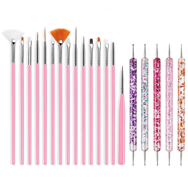 5/20Pcs Nail Art Brush Design Tip Painting Drawing Carving Dotting Pen FlatFan Liner Acrylic Gel UV Polish Manicure Tools