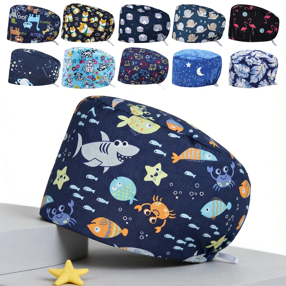 Shark Pattern Scrub Cap for Men Women 100% Cotton Healthcare Surgical Dentist Skullcaps Hospital Working Hats K329