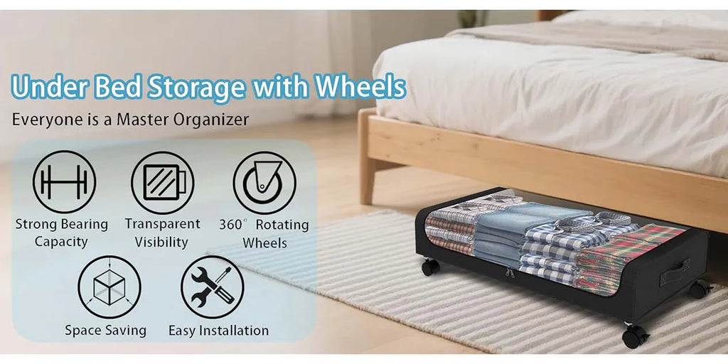 Under Bed Storage With Wheels, 2-Pack 48L Each Under The Bed Storage Containers With Clear Lids & Label, Underbed Storage Bins