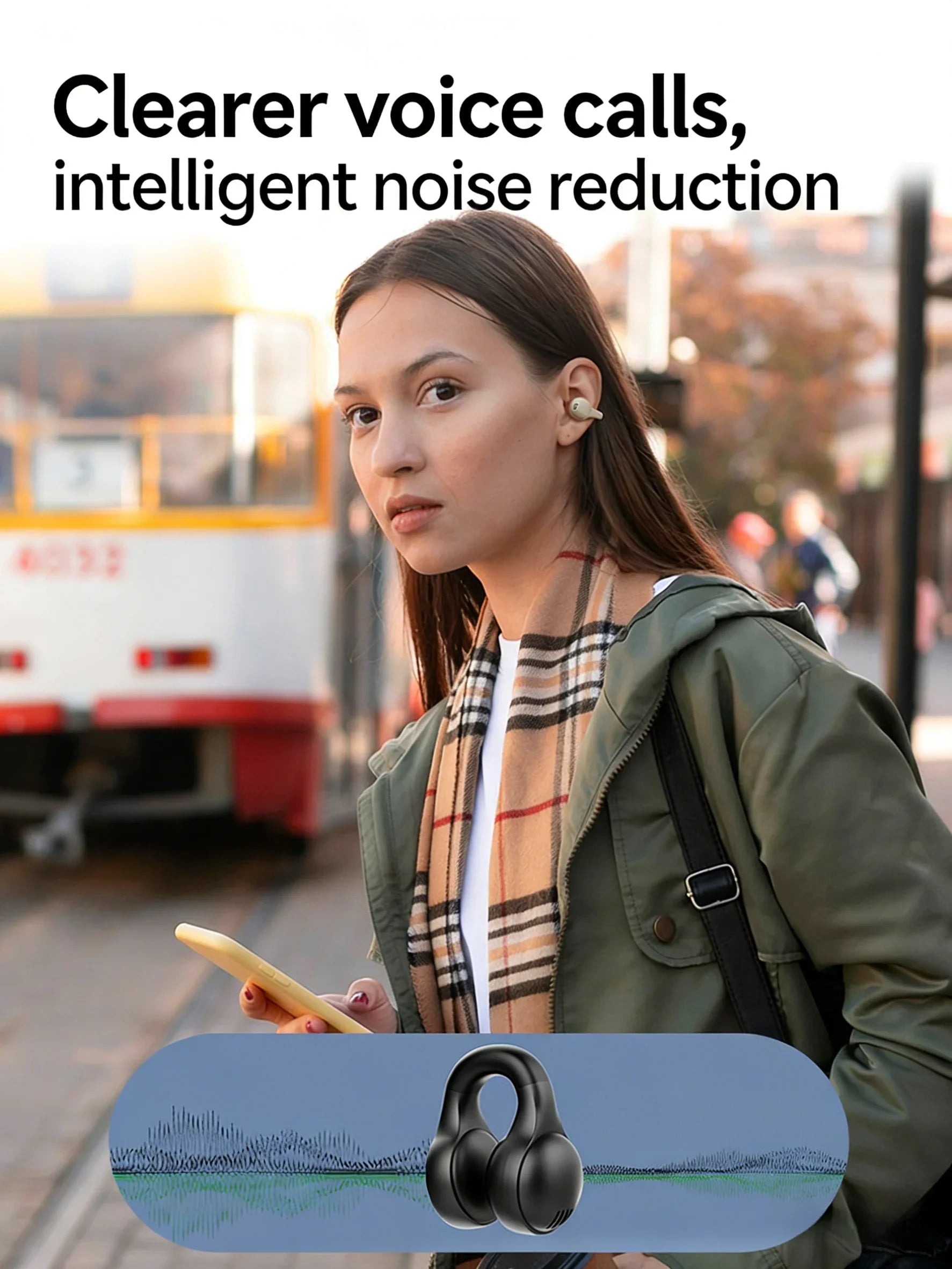 Sports Bluetooth Ear Clip Headphones LED Mirror Screen, HiFi Lossless Sound, Noise Cancelling, Soft Silicone Comfort Earphones