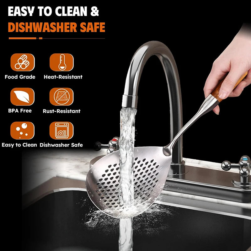 1Pc High-Temp Resistant Stainless Steel Ladle Skimmer - Heavy-Duty Fine Mesh Ergonomic Handle for Frying Hot Pot Kitchen Use