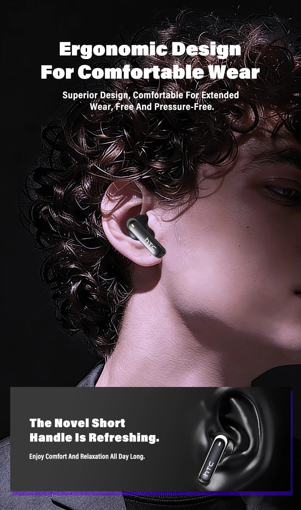Wireless Headphones Bluetooth HTC NE70 Earphones Microphones Earbuds AI Translator 30Hours of Battery Life Full HD LCD Display