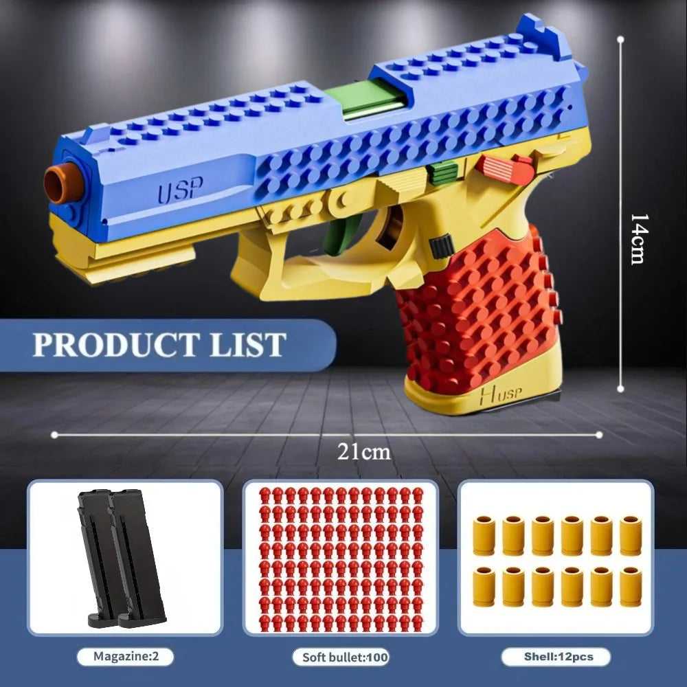 SIG17/USP Building Block Toy Gun Shell Throwing Continuous Firing Airsoft Blowback Empty Hanging Toy Pistol for Outdoor CS Game