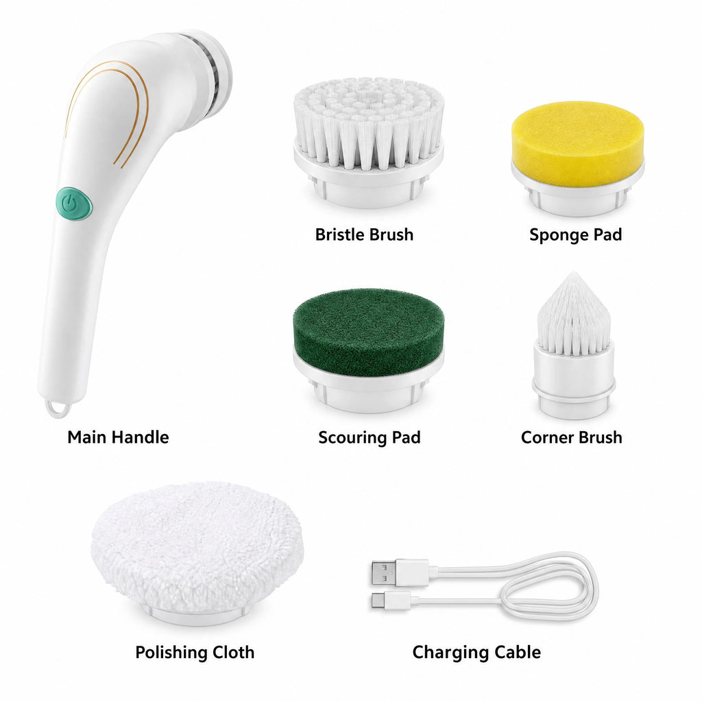 Automatic Cleaning Brush – Sponge Material, Powerful Stain Removal, Multiple Brush Heads, Handle