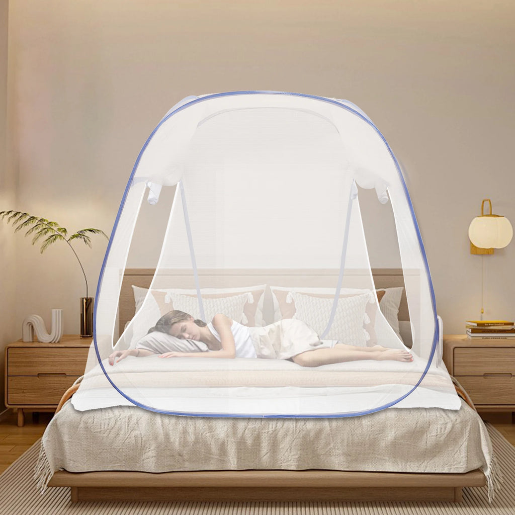 1.8M Blue Bed Cover Total Enclosed Anti-Mosquito Bed Canopy with Storage Bag Triple Door Double Zip Design Easy Installation