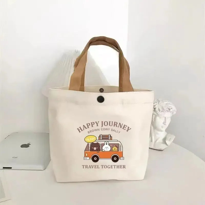 Cute Bear Canvas Mini Handheld Tote Bag Women Portable Lunch Bag Small Student School Handbag Ideal Gift Bag