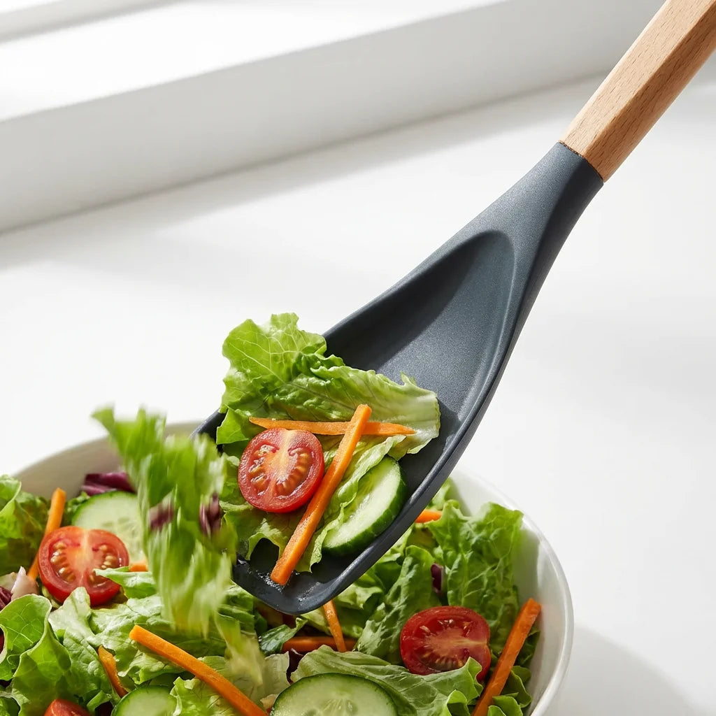 Silicone Salad Spatula with Wooden Handle - Heat Resistant Non-Stick Kitchen Turner for Salad, Cooking&Baking, Food-Safe&Durable