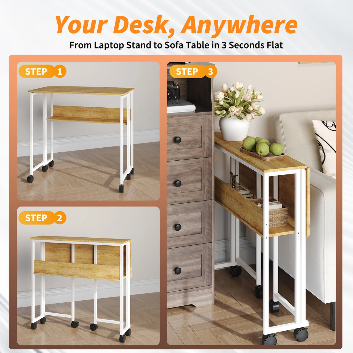 Compact 25" Folding Desk with Wheels Storage Shelf Foldable Computer Table for Small Spaces Home Office Dorm Sturdy Iron Frame Easy Assembly Natural Oak/White/Black