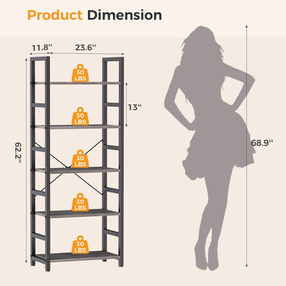 MCQ Wooden Storage Standing 5 Tiers Display Bookshelf Sturdy Structure Graduated Shelves Adjustable Feet for Living Room