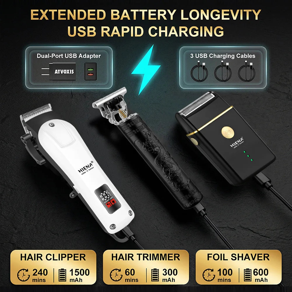 HIENA Professional Barber Kit Electric Hair Clipper Beard Shaver Detail Trimmer Cordless Rechargeable Titanium Blades for Home