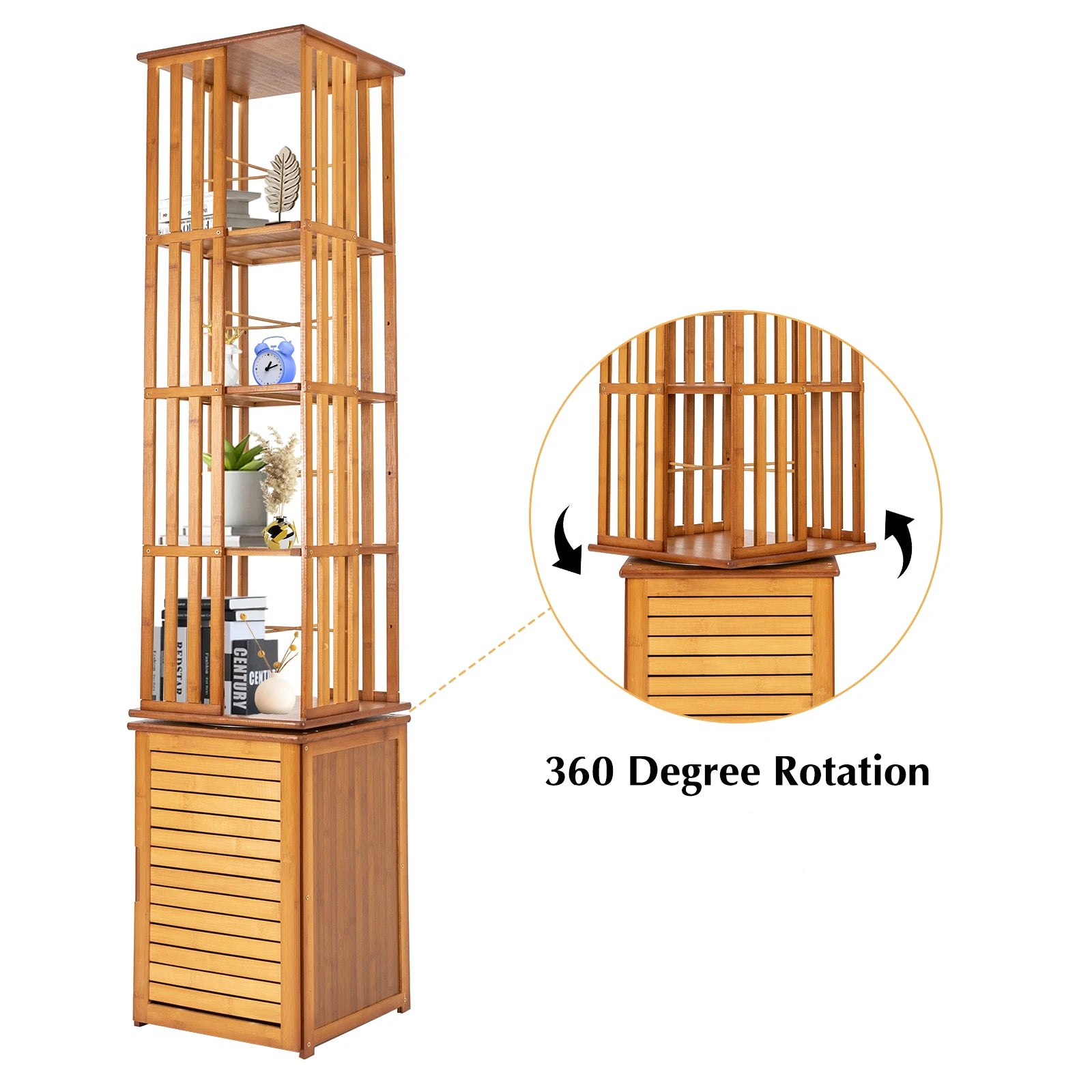 6-Tier Corner Bamboo Book Shelf Waterproof 360° Rotating Storage Display Rack Floor Standing Bookcase Shutter Door Design for Living Room Study Room Office,37*37*172cm