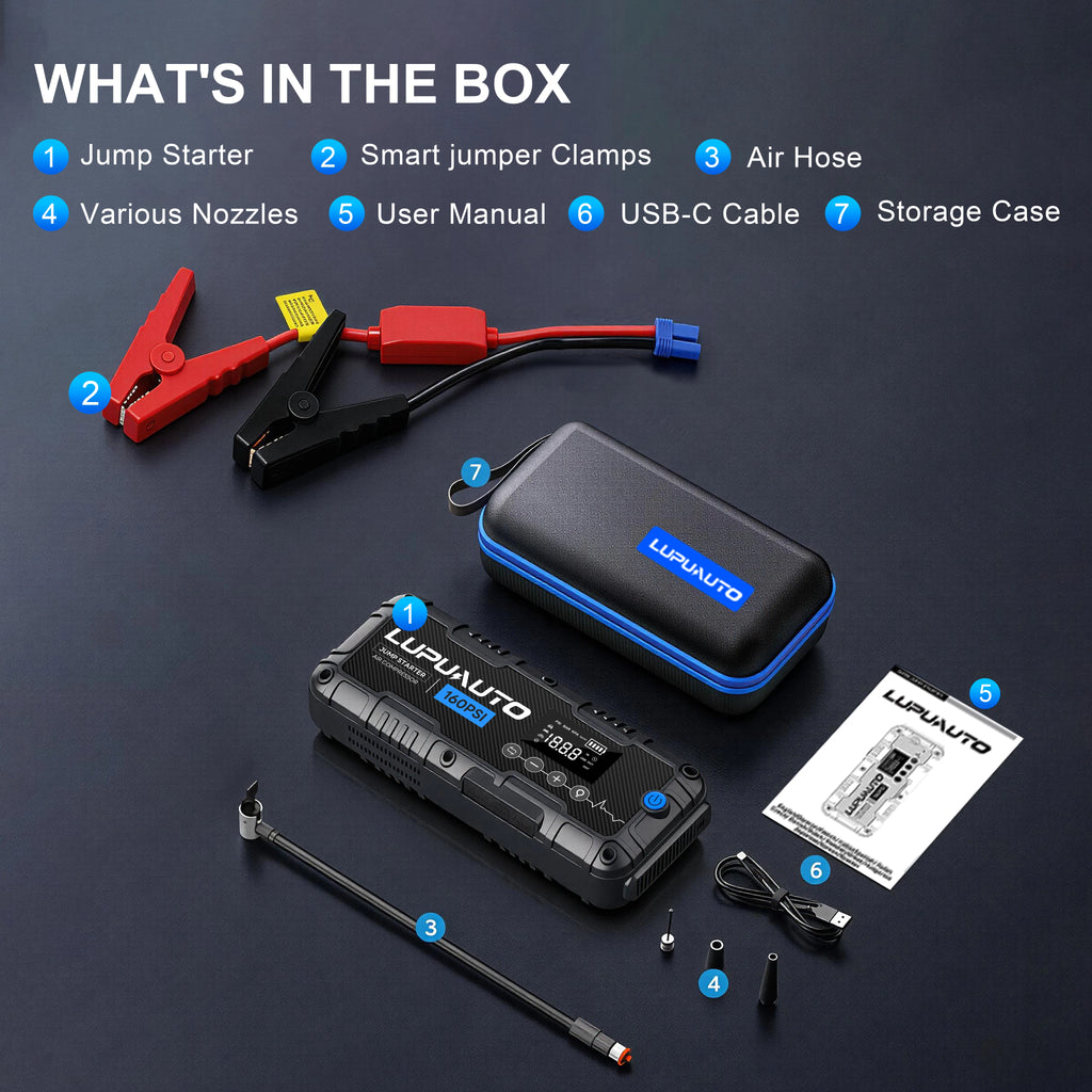 4 In 1 Car Jump Starter with LED Lighting 4000A Portable Car Battery Charger Power Bank Tire Inflator Pump 160PSI Air Compressor