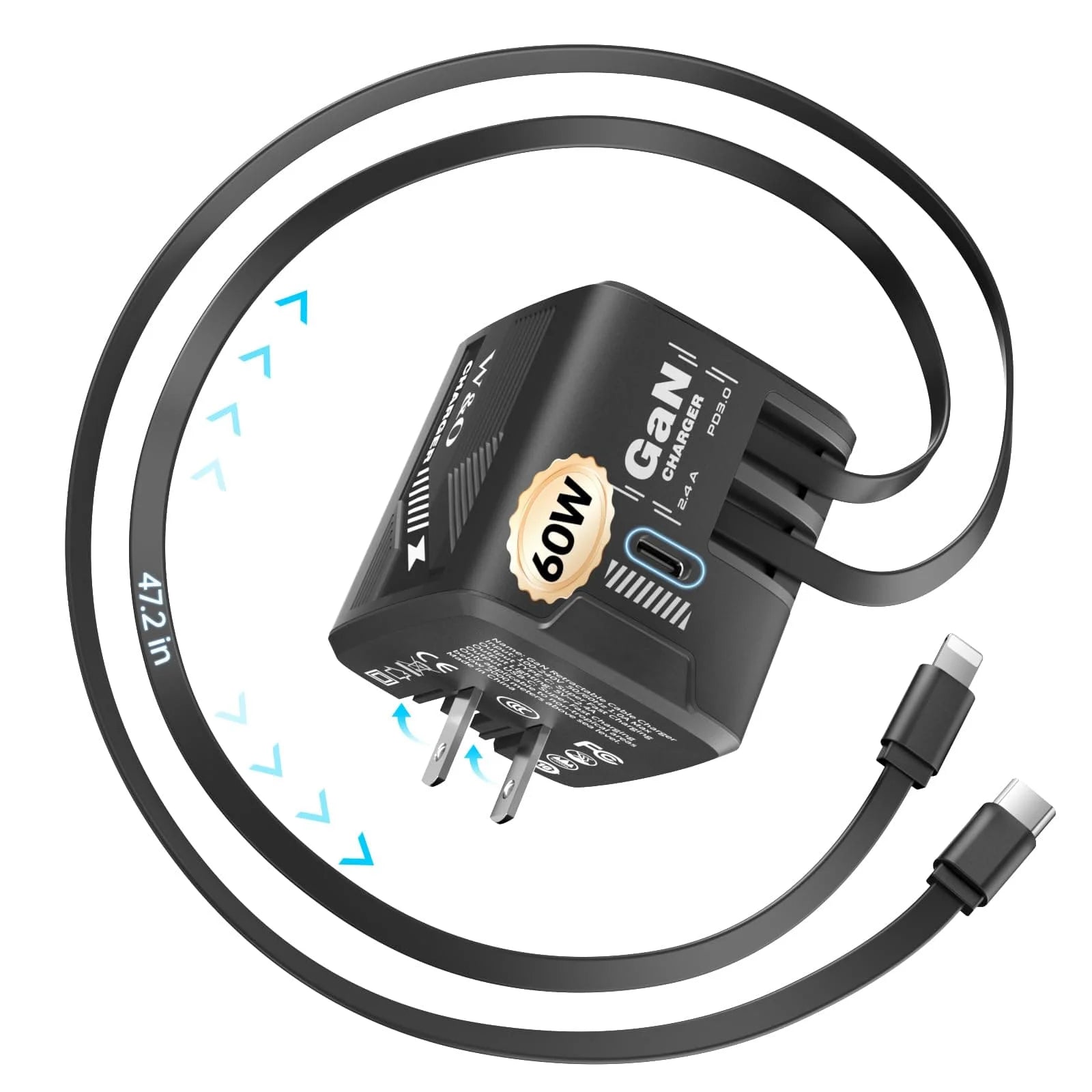 W & O 60W GAN Fast Charger for iPhone, Retractable Phone Charger Wall Plug with Type‑C & Compatible Lightning Cables, for iPhone 17/16/15, Galaxy S25/24, Android Devices