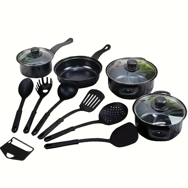 13-Piece Nonstick Cookware Set Black - Induction Compatible Pot Pan Set with Frying Pan & Utensils for Kitchen & Camping