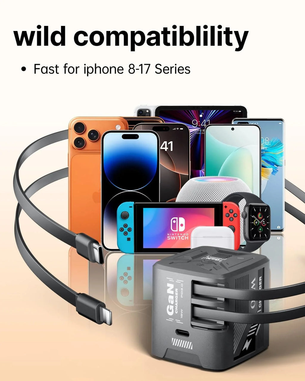 W & O 60W GAN Fast Charger for iPhone, Retractable Phone Charger Wall Plug with Type‑C & Compatible Lightning Cables, for iPhone 17/16/15, Galaxy S25/24, Android Devices