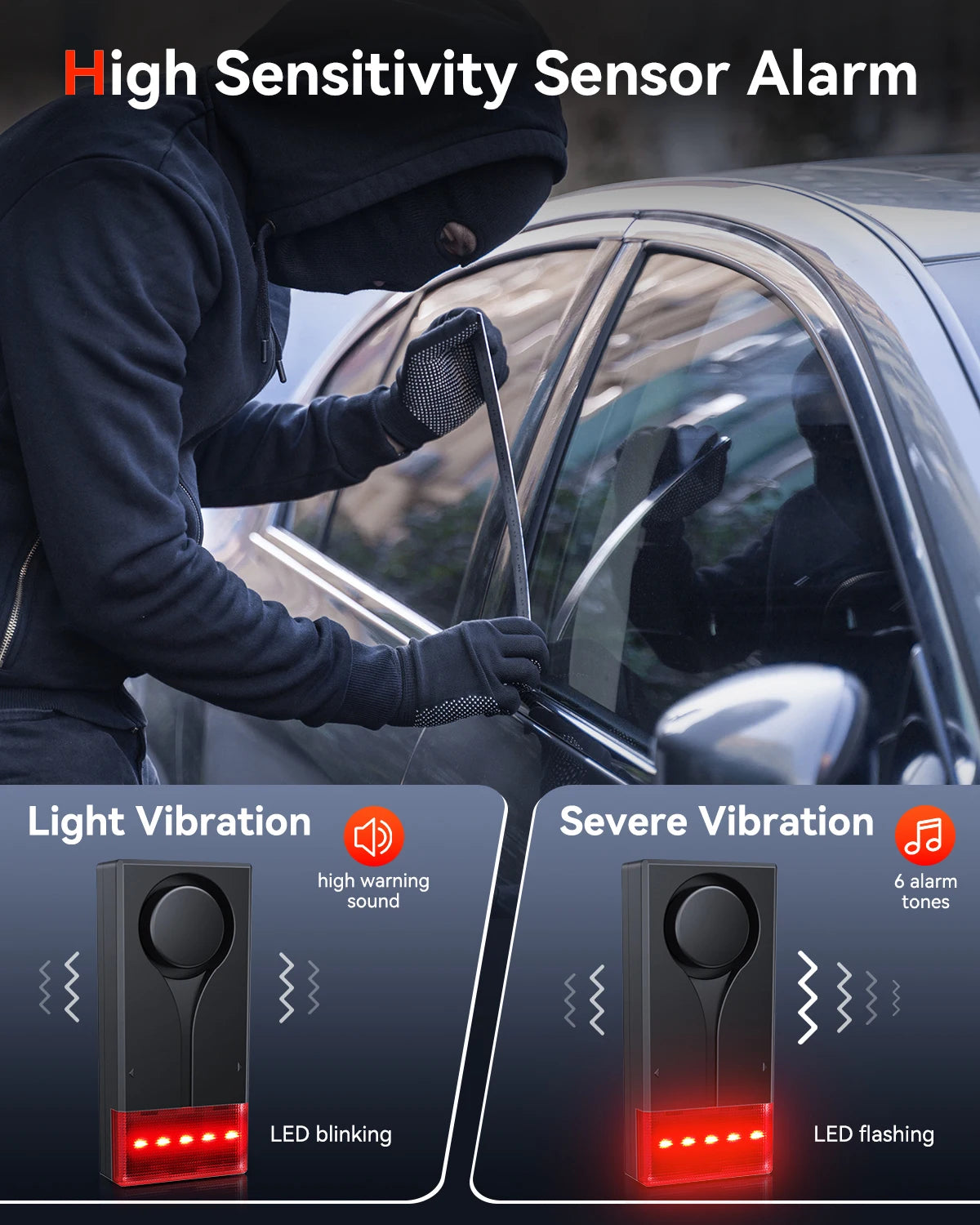Wireless Car Vibration Burglar Alarm With Light 108dB Loud Car Door And Window Anti Theft Alarm Bike Motorcycle Security Alarm