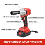 1000N.m Cordless Impact Wrench Brushless 20V 1/2 inch Power Tool Sets High Torque 2x1500MAh Batteries for Car Truck Tires Home