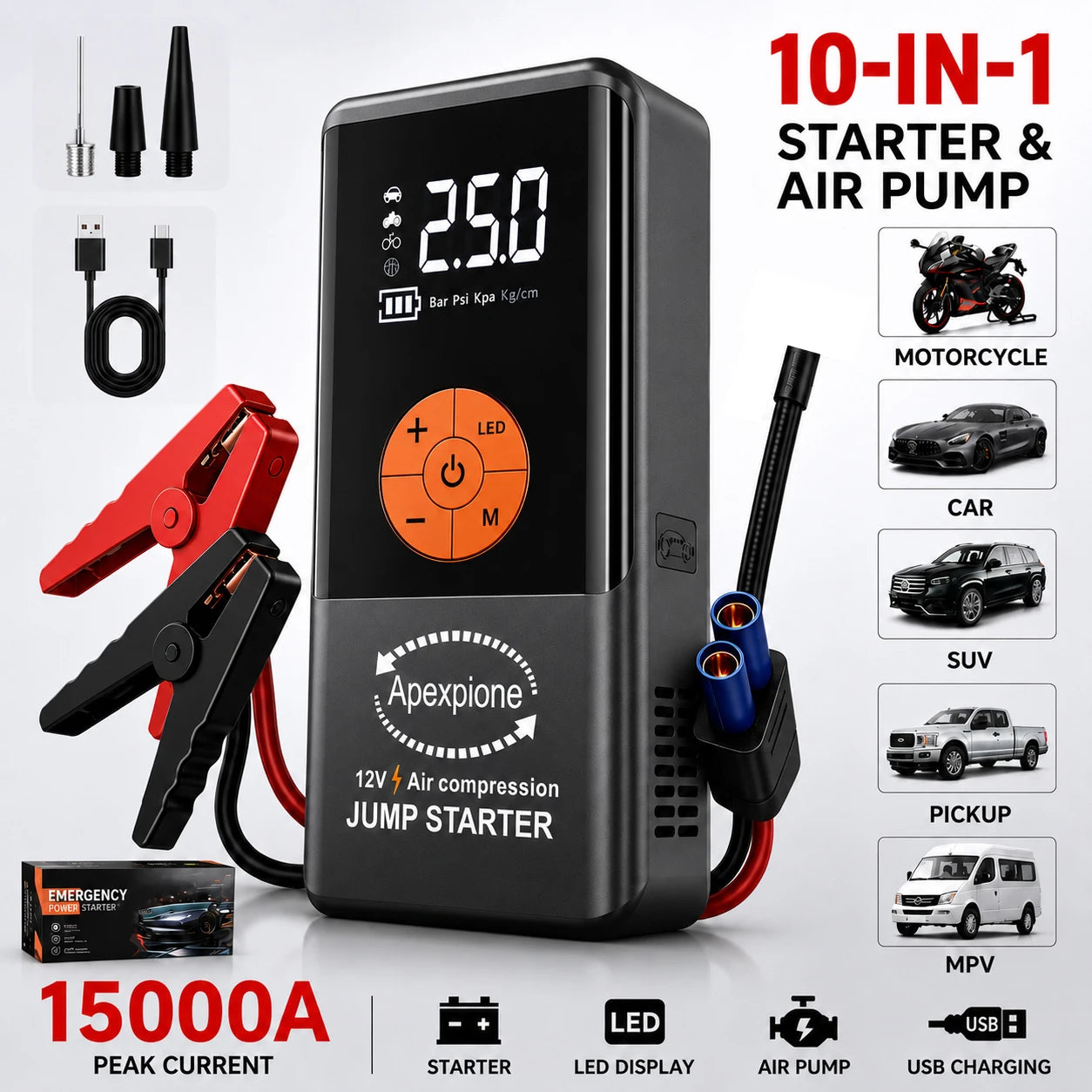 5-IN-1 Car Jump Starter with Air Compressor High Peak Auto Battery Booster 150PSI Air Pump Power Bank Tire Inflator