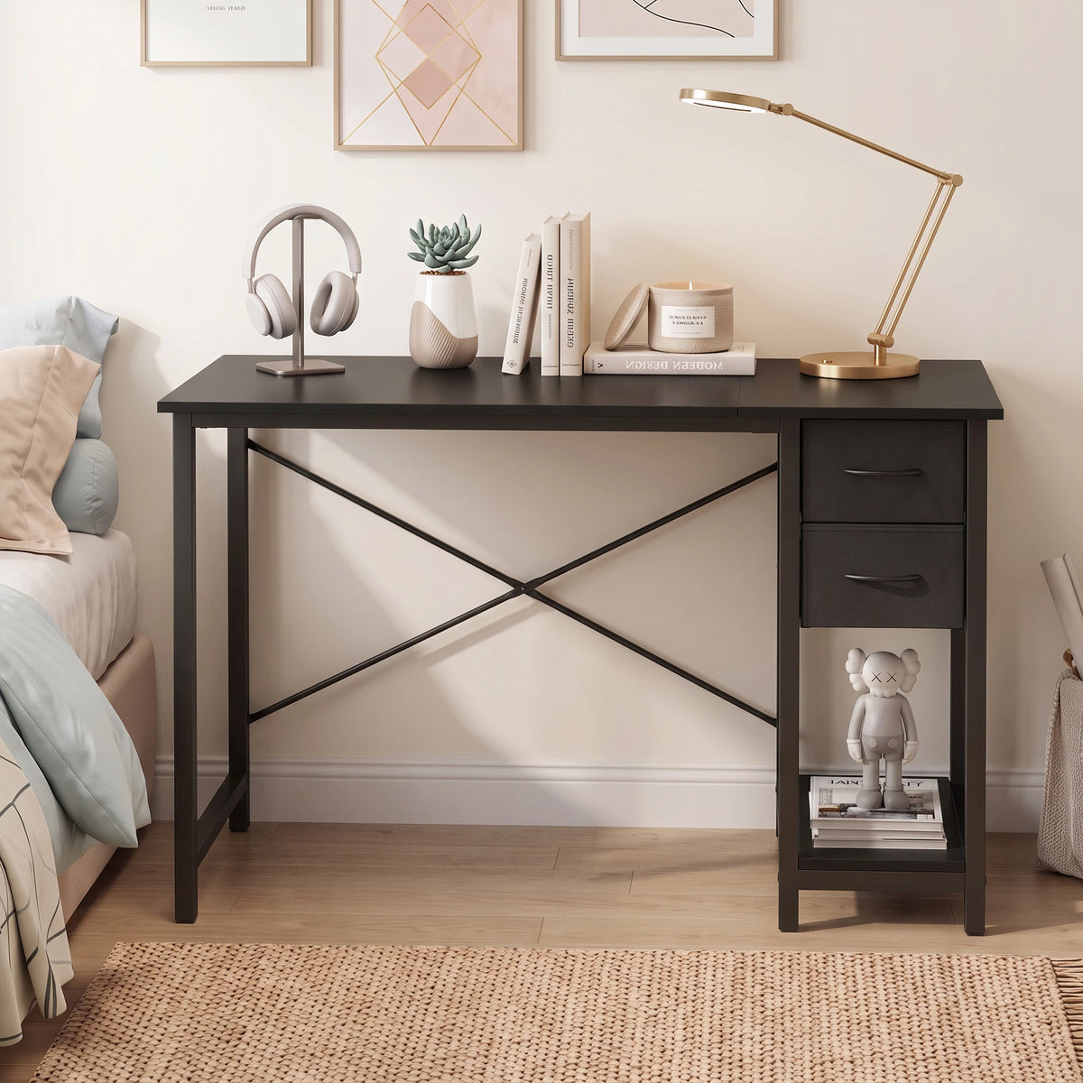 MCQ 40 Inch Standing Office Computer Desk with Drawers and Side Hook Ergonomic Gaming Desk With Storage X‑Frame Stability For Home Office Small Space
