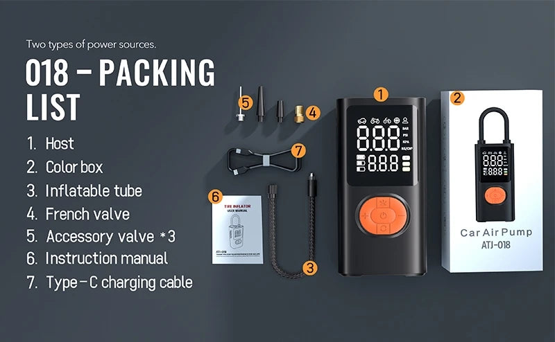 3-in-1 Portable Air Compressor & Tire Inflator, 150 PSI, Emergency Power Bank & LED Light, USB-C Rechargeable, Suitable for Car
