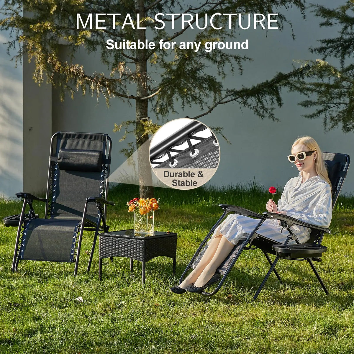 JHK Portable Zero Gravity Recliner Chairs Set of 2 Outdoor Garden Folding Lounge Chair with Cup Holder Trays Adjustable Pillow