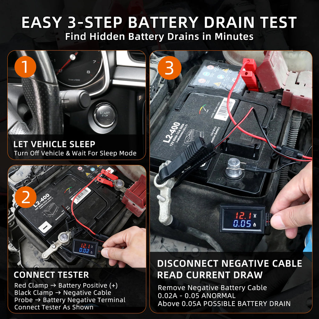 Parasitic Draw Tester, Automotive Battery Drain Detector Current Leak Finder Tool for Vehicle Electrical Diagnostics, SUV, Truck