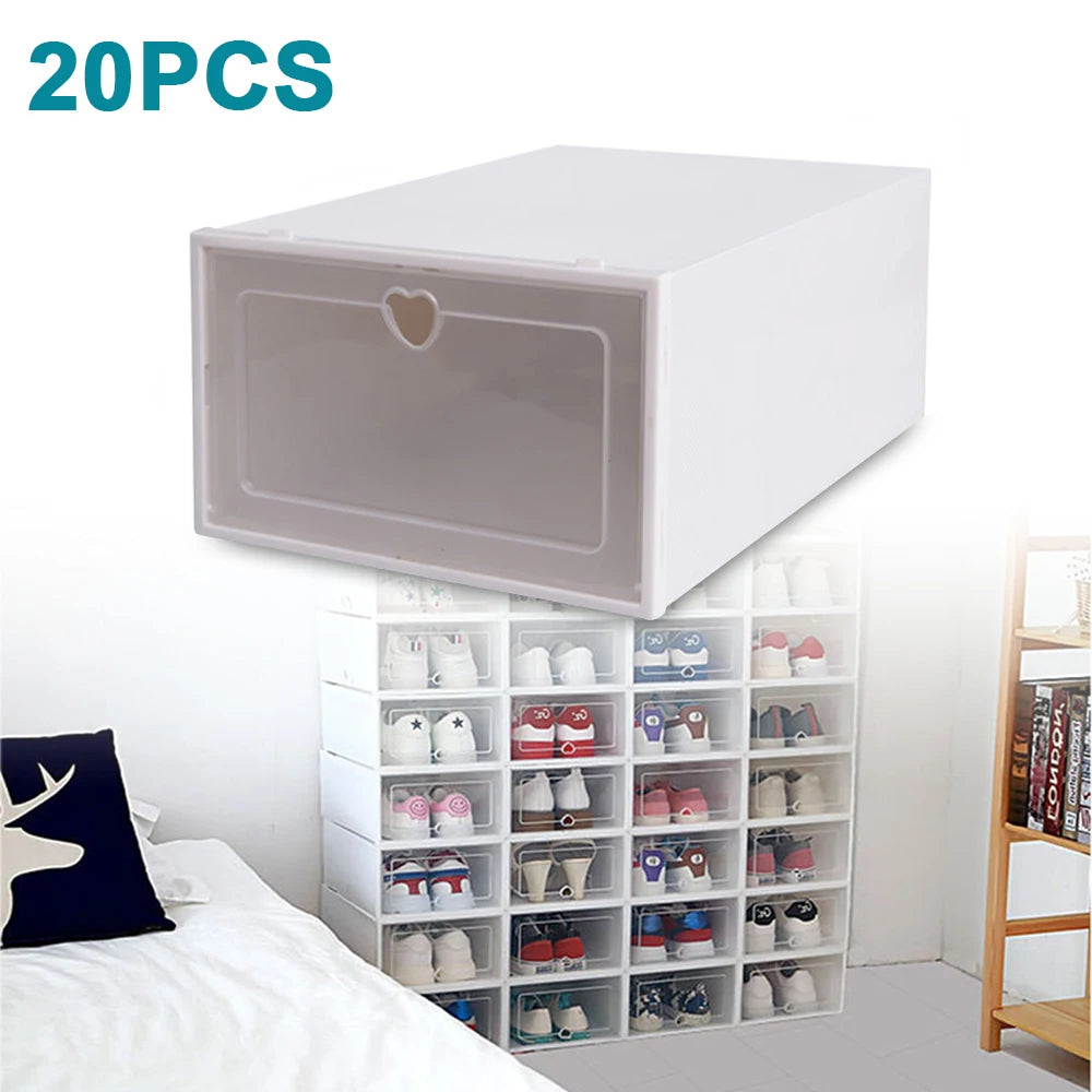 20Pcs Foldable Flip Shoe Storage Boxes Clear Plastic Shoes Case Shoe Organizer Dustproof, 33*23*14cm