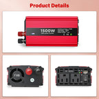 Portable Power Inverter 50Hz Nominal 1500W DC 12V to AC 110V with Dual Sockets for Car Outdoor Use Modified Sine Wave
