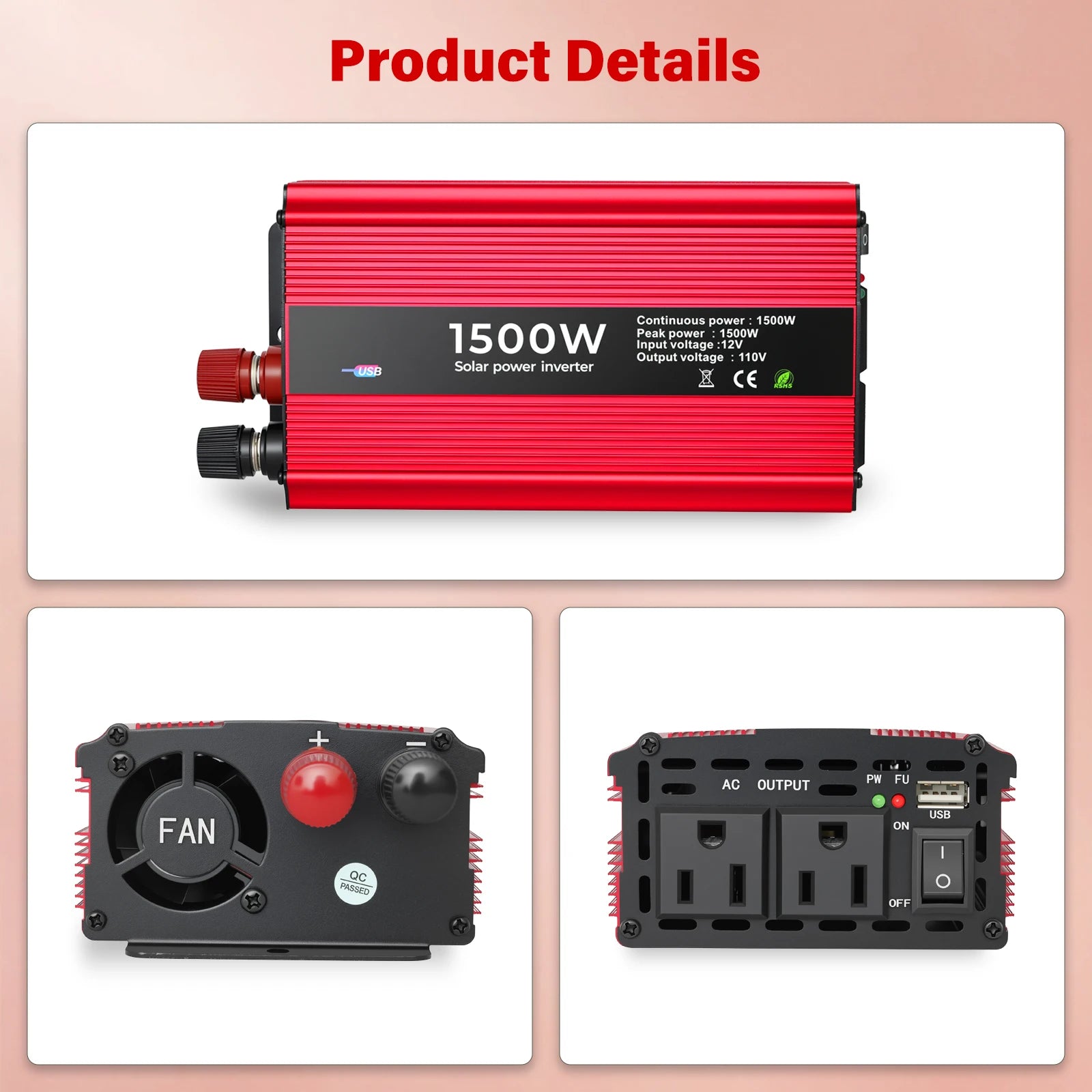 Portable Power Inverter 50Hz Nominal 1500W DC 12V to AC 110V with Dual Sockets for Car Outdoor Use Modified Sine Wave
