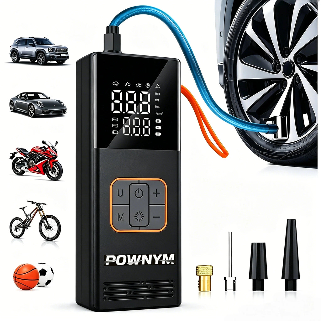 POWNYM Cordless Portable Tire Air Pump, 150PSI Wireless Inflator with Pressure Gauge & LED Light, Multi Adapters, Jump Starter for Auto Bike & Inflatable Balls