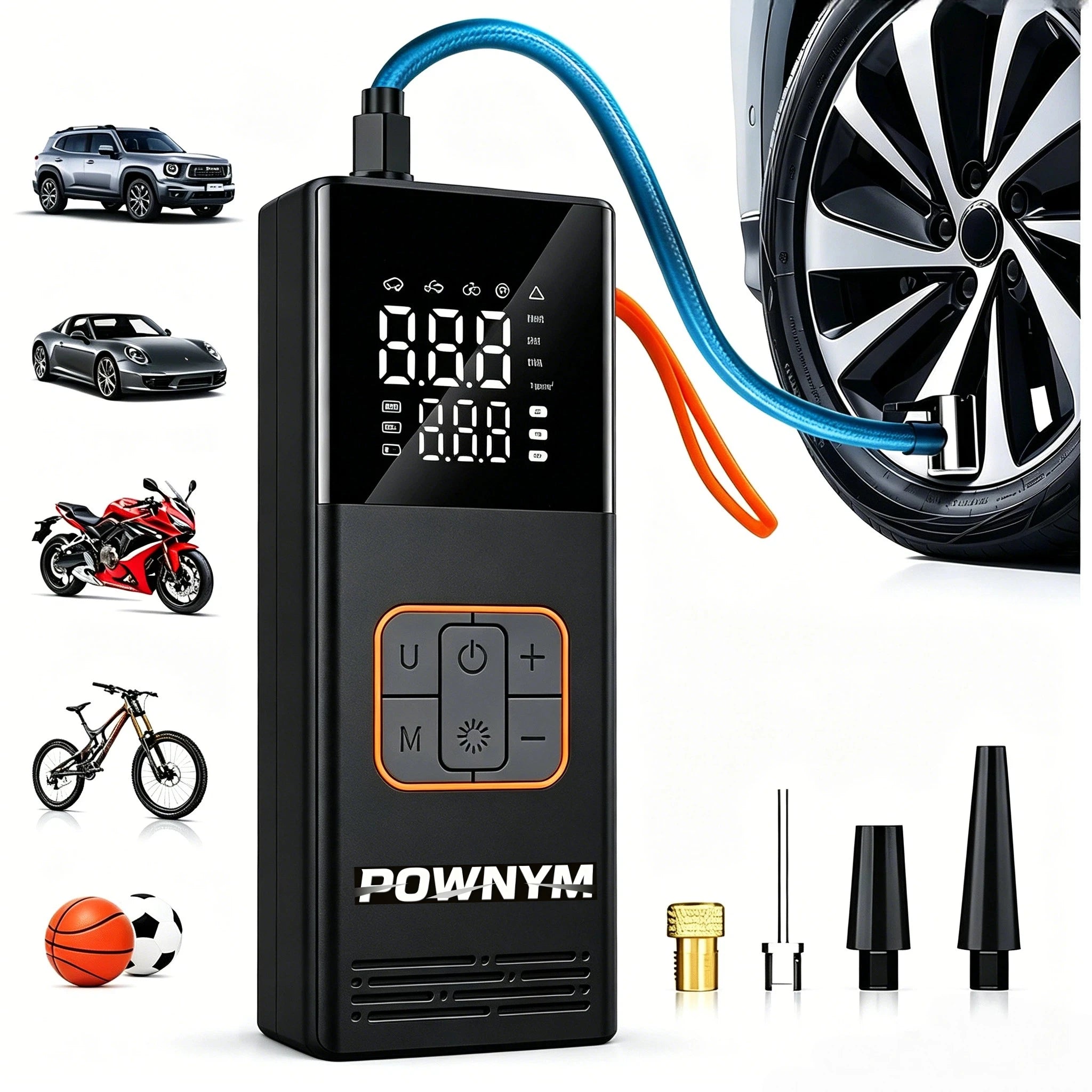 POWNYM Cordless Portable Tire Air Pump, 150PSI Wireless Inflator with Pressure Gauge & LED Light, Multi Adapters, Jump Starter for Auto Bike & Inflatable Balls