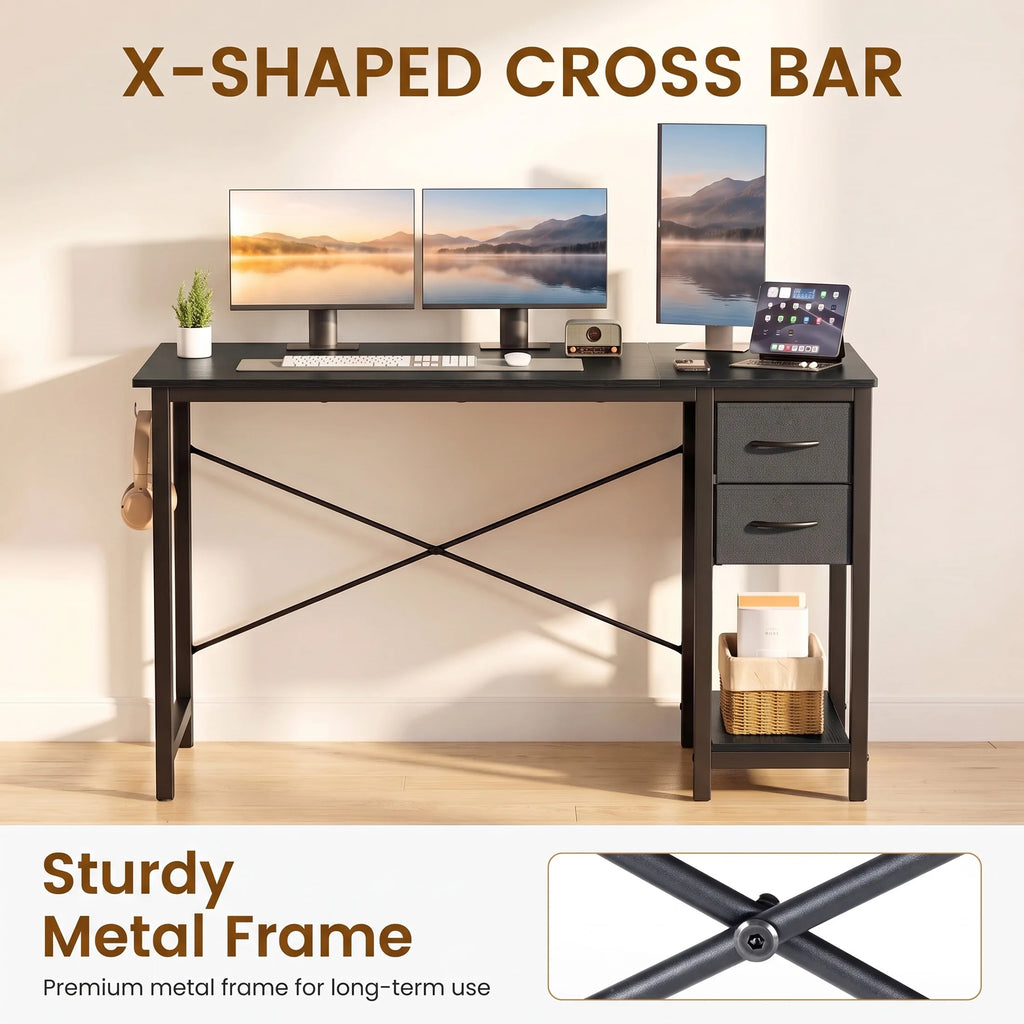 MCQ 40 Inch Standing Office Computer Desk with Drawers and Side Hook Ergonomic Gaming Desk With Storage X‑Frame Stability For Home Office Small Space