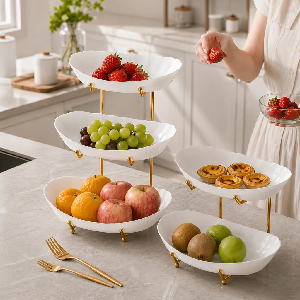 2/3-Tier Plastic Fruit Bowl Stand with Metal Frame, Large Capacity Countertop Fruit Basket for Fruits, Vegetables, Bread, Snacks & Desserts, Kitchen Counter Organizer