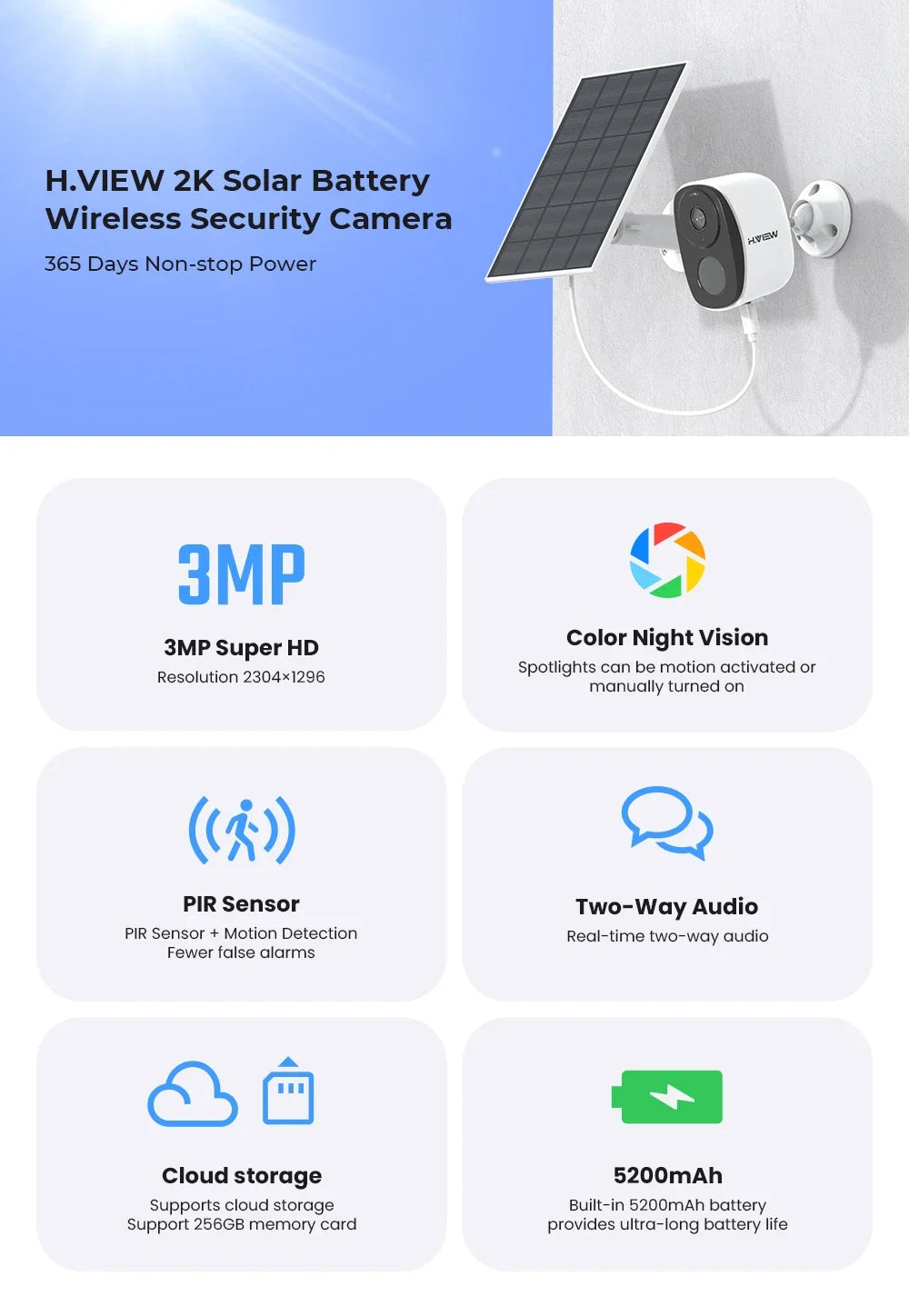 H.VIEW PIR Battery Powered Camera Wireless Outdoor, 2K 3MP WiFi Security Camera with Spotlight Siren, 2-Way Audio, Waterproof