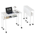 Compact 25" Folding Desk with Wheels Storage Shelf Foldable Computer Table for Small Spaces Home Office Dorm Sturdy Iron Frame Easy Assembly Natural Oak/White/Black