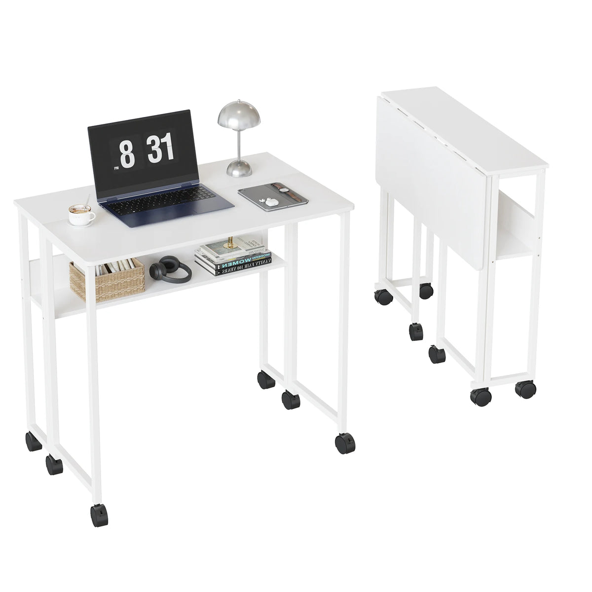 Compact 25" Folding Desk with Wheels Storage Shelf Foldable Computer Table for Small Spaces Home Office Dorm Sturdy Iron Frame Easy Assembly Natural Oak/White/Black