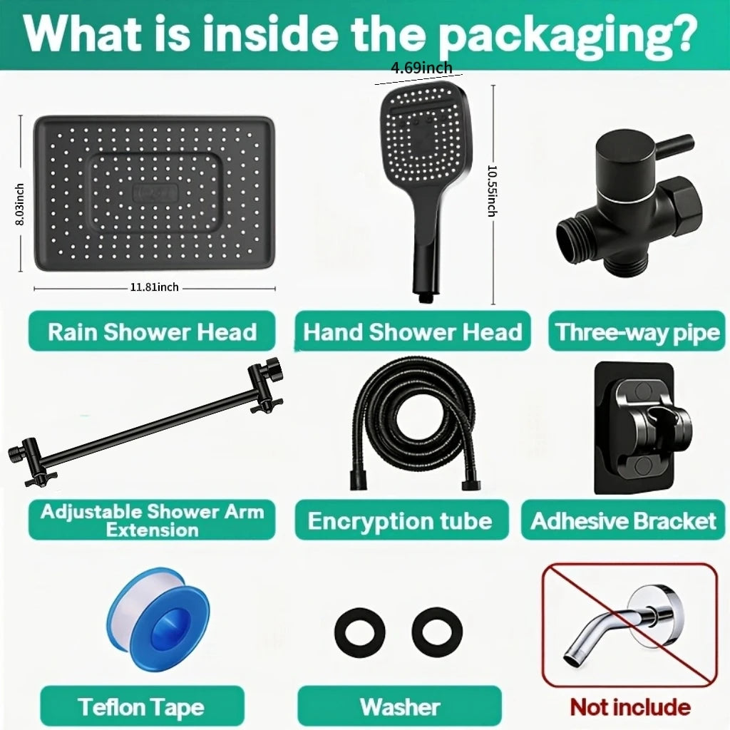 Matte Black Dual Shower Head System,11 Inch Rain Shower Head with 180° Adjustable Extension Arm,3‑Modes Anti‑Low‑Pressure Handheld Shower with Sand Filter,No Drill Adhesive Bracket Complete Bathroom Shower Kit for ever